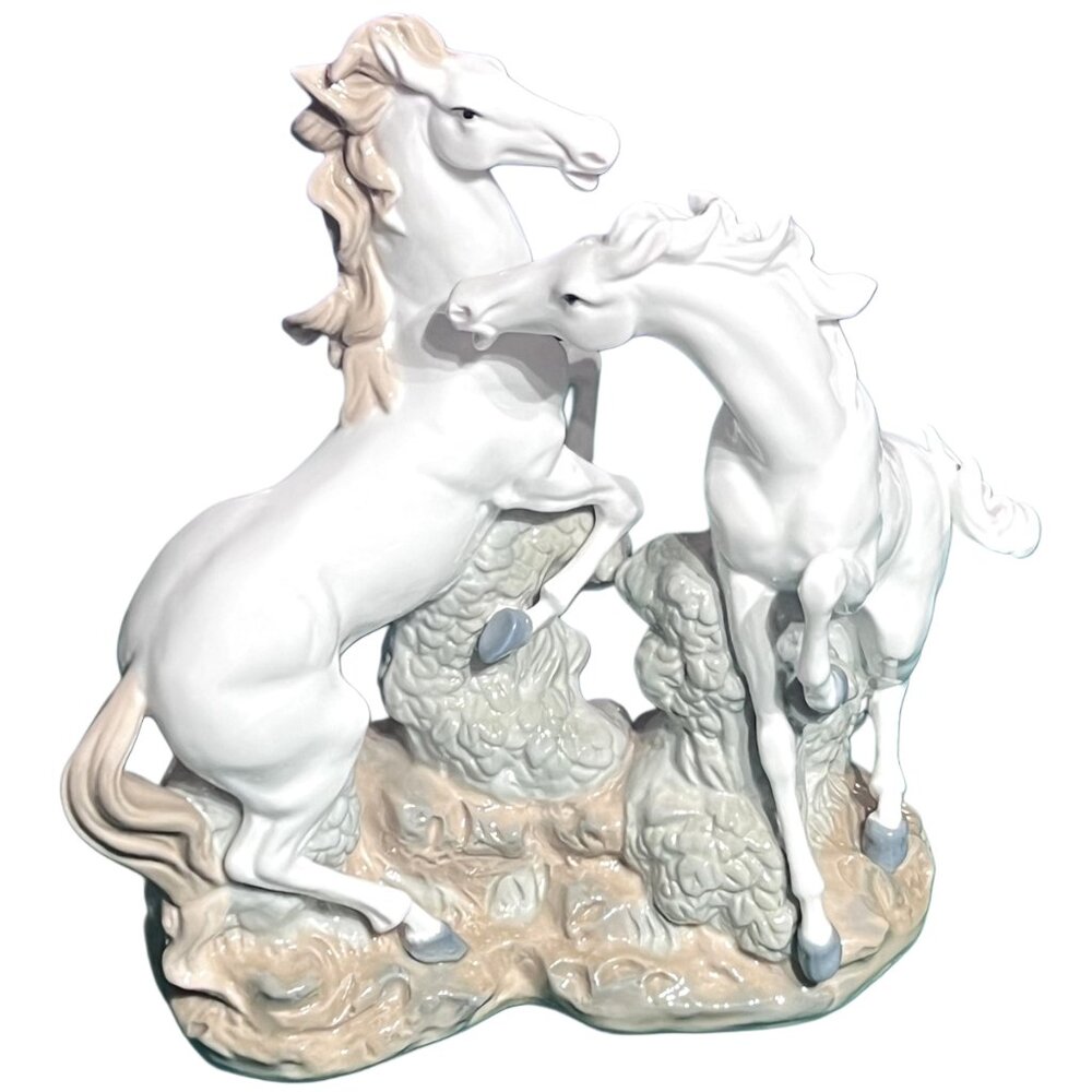 Large Vintage Sorelle Italian Fine Porcelain Rearing + Playing Horses Sculpture
